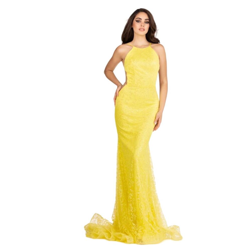 NWT Abby Paris by Lucci Lu Long Glitter Halter Gown 90089,‎ Neon Yellow, Sz 0